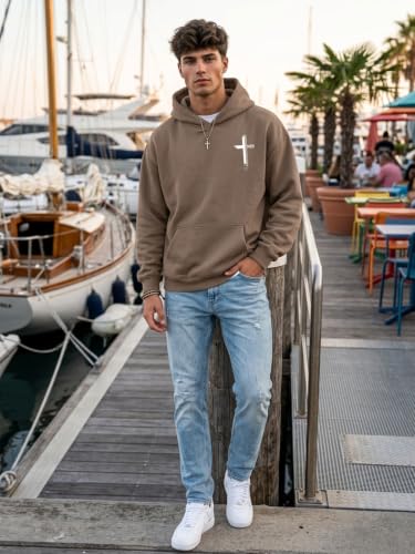 Eatbook Christian Hoodies for Men Faith Over Fear Cross Graphic Hoodie - color: Khaki, size: Large