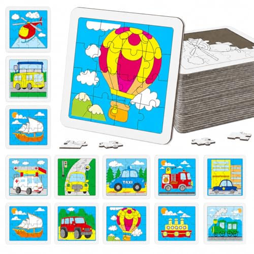 Cinrobiye 24 Pcs Transportation Coloring Puzzle Craft Kit, DIY Traffic Vehicle Jigsaw Puzzles Bulk with 12 Designs, Construction Truck Party Favors, Classroom Art Activities - color: Transportation