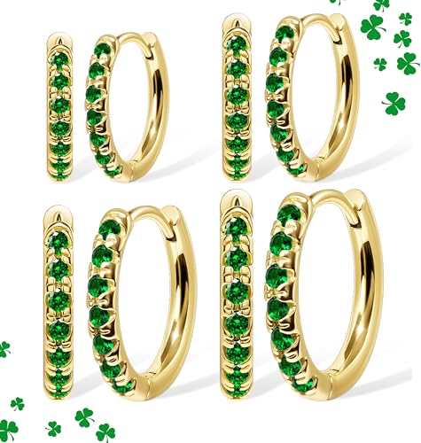Small Gold Huggie Hoop Earrings Set for Women Men Hypoallergenic 14K Plated Stack Cartilage Earrings, Sterling Silver Multiple Piercing Lightweight Mini Thin Cute Dainty Trendy Jewelry Gifts for Women - color: Gold+Green-6,8,10,12mm