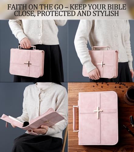Vegan Leather Bible Cover Case, Bible Bag for Men Women, Gift Box Packaging - color: Pink