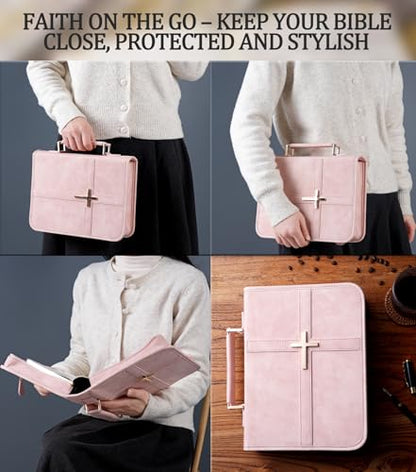 Vegan Leather Bible Cover Case, Bible Bag for Men Women, Gift Box Packaging - color: Pink