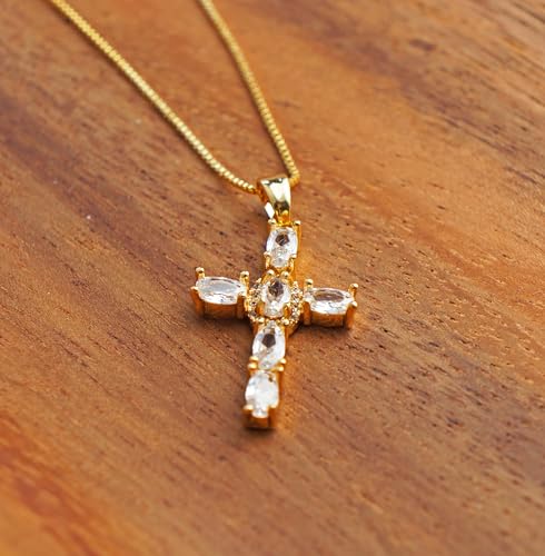 Gold Cross Necklace for Women, 14K Gold Plated - style: big white zircon