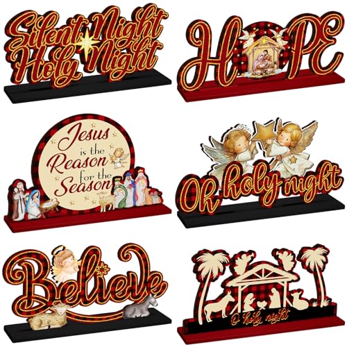Shellwei 6 Pcs Christmas Table Decoration Nativity Scene Jesus Christian Centerpiece Wooden Xmas Religious Party Decor Believe Joy Noel Jesus Table Topper Winter Holiday Sign for Indoor New Year Craft - style: Christmas Jesus