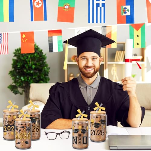 SiliFine 6 Pcs Graduation Glass Cups, 16 oz with Lids and Straws - style: Graduation