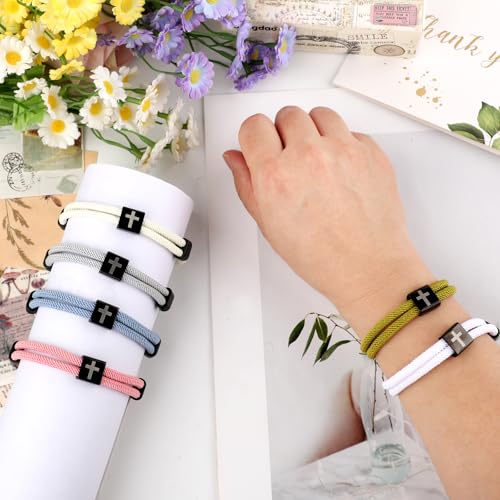 PineHaven 6 Pcs Braided Cross Bracelet for Men Women, Adjustable Christian Rope Cross Bracelet with Metal Knot Religious Gifts - color: Macaron colors