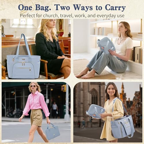 Large Bible Bag for Women, 2-in-1 Bible Tote with Detachable Embroidered Bible Cover & Study Supplies, Church Bible Study Bag, Gift-Ready Christian Gift for Women (Blue) - color: Blue