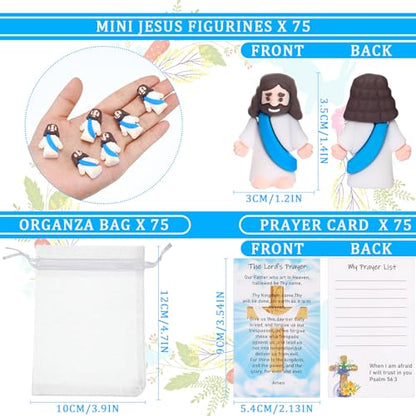 Barydat 75 Set Blue Mini Jesus Figures with Prayer Cards and Organza Bags - color: Blue