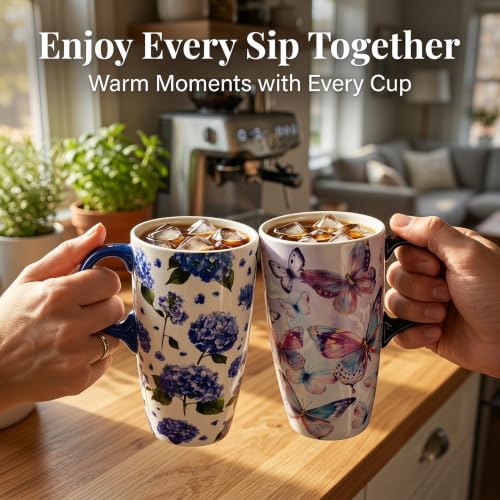 Topadorn 17oz Ceramic Travel Mugs Set of 2 with Lids, Butterfly Floral Set - color: Butterfly & Hydrangea
