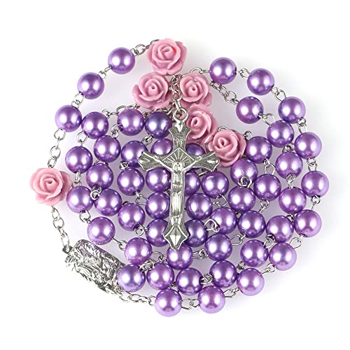 Rosary Beads for Women With Box, Blue Crystal Catholic Necklace, Last Supper Vintage Jewelry Box, Anglican Prayer Beads Christian Gifts - color: Purple Rose +Last Supper Rosary Box