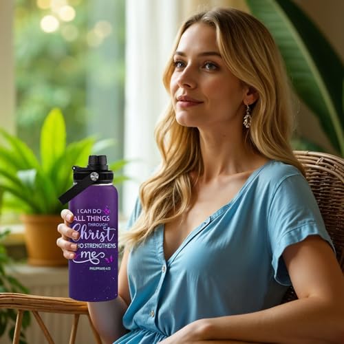 Christian Gifts for Women - I Can Do All Things Christ Water Bottle Tumbler 32oz - Inspirational Religious Faith Gifts for Women - Christian Jesus God Bible Verse Prayer Gift for Christmas - color: Christian-Purple/I Can Do All Things Christ