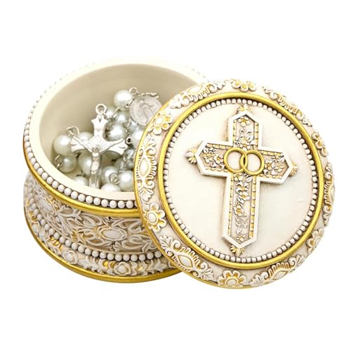 Christian Brands Catholic Wedding Rosary Box - Double-Ring Cross with Gold, 3.5", White
