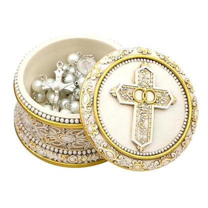 Christian Brands Catholic Wedding Rosary Box - Double-Ring Cross with Gold, 3.5", White