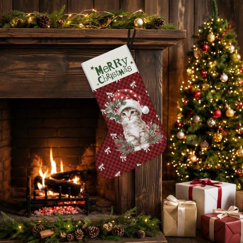 Tabby Cat Red Buffalo Plaid Christmas Stockings 16 Inch - color: Christmas11