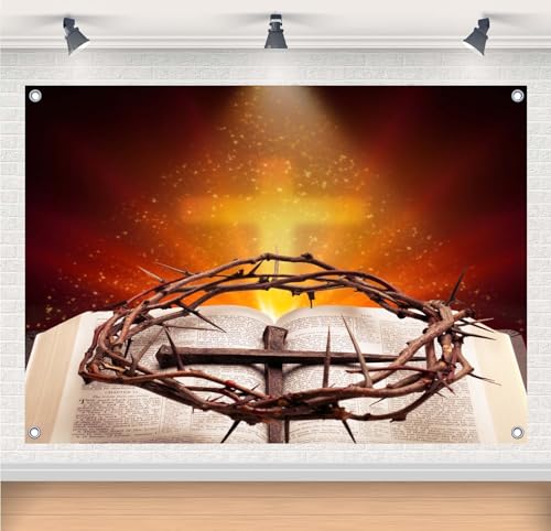 10x8ft Fabric Crown of Thorns with Bible Photography Backdrop Biblical Religious Background for Church Sanctuary Christianity Banner Decorations Photo Studio Props - size: 10x8FT