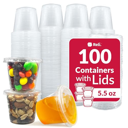 Reli. 5.5 oz Condiment Containers with Lids (100 sets) | Ideal for Sauce, Souffle, Samples, Jello Shot Cups | Disposable, BPA-Free Plastic | Small Containers 5.5oz, Bulk