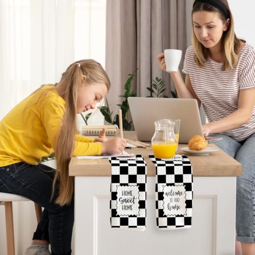 Black White Check Welcome Home Sweet Home Kitchen Towels Set of 2 - color: Sweet Home D