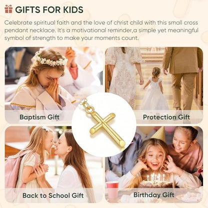Gold Cross Necklace for Kids Teens - 14k Gold Plated Minimalist Cross Necklaces,Non Tarnish Golden Religious Faith Christening Jewelry,First Communion Baptism Confirmation Easter Gift for Girls Boys