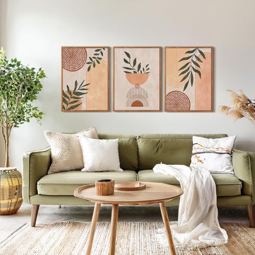 CHDITB Boho Geometric Framed Canvas Wall Art Set Of 3, Modern Minimalist Wall Decor, Bohemia Sage Leaves Painting, Mid Century Office Art Prints For Living Room, Bedroom Decor(12X16 Inch) - color: Boho wall art