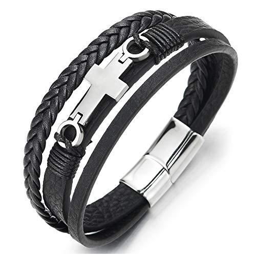 COOLSTEELANDBEYOND Mens Women Steel Horizontal Sideway Lateral Flat Cross Multi-Strand Leather Bangle Bracelet - color: C-Metal Color: Silver; Leather Color: Black