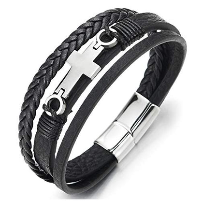 COOLSTEELANDBEYOND Mens Women Steel Horizontal Sideway Lateral Flat Cross Multi-Strand Leather Bangle Bracelet - color: C-Metal Color: Silver; Leather Color: Black