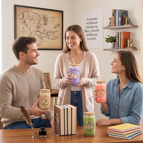 Glass Cups with Lids and Straws, 4Pack, 16oz, Bookworm Book - style: Book Lover