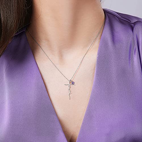PRAYMOS Faith Cross Necklace for Women 925 Sterling Silver Pendant Necklace With Birthstone Initial Christian Religious Confirmation Baptism Mothers Day Gifts - color: 2-Silver February(Amethyst)