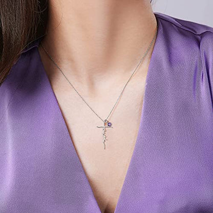 PRAYMOS Faith Cross Necklace for Women 925 Sterling Silver Pendant Necklace With Birthstone Initial Christian Religious Confirmation Baptism Mothers Day Gifts - color: 2-Silver February(Amethyst)