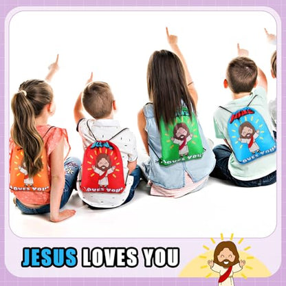 24 Pcs Religious Drawstring Bags Bulk Christian Gift Bags, Jesus Loves You Vbs Backpacks for Sunday School, Bible Drawstring Backpack Graduation Church Camp Party Favors - style: Jesus Loves You