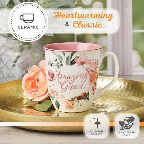 Christian Art Gifts Large Ceramic Inspirational Women's Coffee & Tea Mug - color: Pink Floral/Amazing Grace