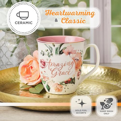 Christian Art Gifts Large Ceramic Inspirational Women's Coffee & Tea Mug - color: Pink Floral/Amazing Grace