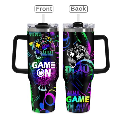 Gamer Gifts for Boys Men Teen, 40oz Gaming Tumbler, Cyberpunk Neon Stainless Steel Insulated Travel Cup with Handle Straw for Teenagers, Double Wall Gamepad Coffee Mug Present for Kids Son Birthday - color: Game-D-25