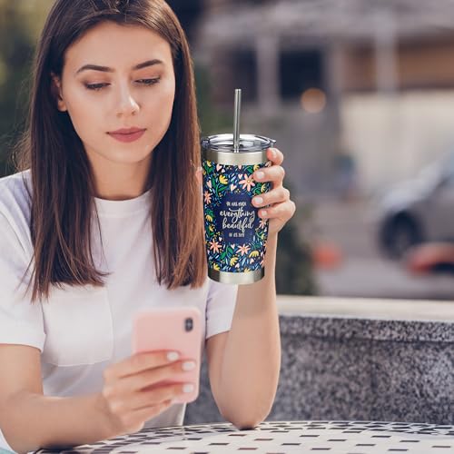 Christian Art Gifts Stainless Steel Double-Wall Vacuum Insulated Tumbler w/Straw & Lid 18 oz Navy Floral Inspirational Bible Verse Travel Mug for Women - Everything Beautiful - Ecc. 3:11 - color: Navy/Everything Beautiful