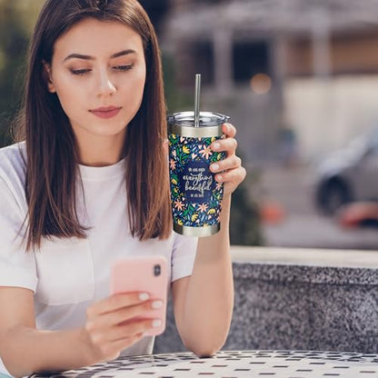 Christian Art Gifts Stainless Steel Double-Wall Vacuum Insulated Tumbler w/Straw & Lid 18 oz Navy Floral Inspirational Bible Verse Travel Mug for Women - Everything Beautiful - Ecc. 3:11 - color: Navy/Everything Beautiful