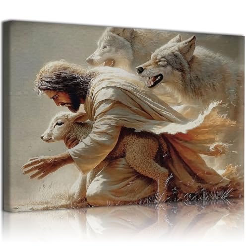 RJETZMU Jesus Good Shepherd Canvas Wall Art, Gallery Wrapped Print, 12x16 - color: Jesus sacrificed his life, size: 16"L x 12"W