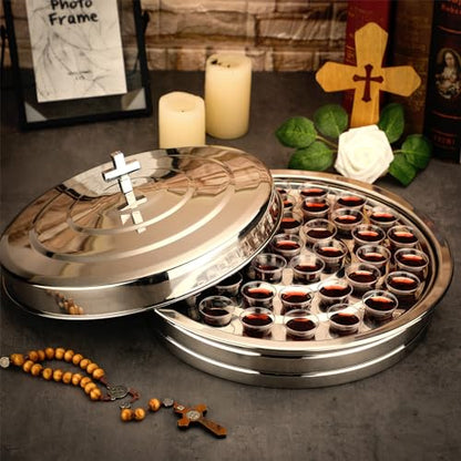 Jingmore Communion Ware 3 Holy Wine Serving Trays with 1 Cover, Silver - color: Silver