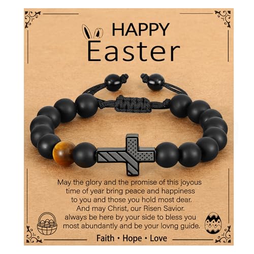 P. BLAKE Cross Bracelet for Boys Men, American Flag Cross Natural Beads Bracelet Christian Religious Birthday Jewelry Gifts for Teen Boys - style: Happy Easter