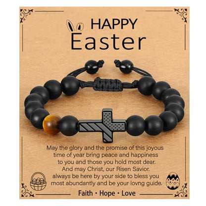 P. BLAKE Cross Bracelet for Boys Men, American Flag Cross Natural Beads Bracelet Christian Religious Birthday Jewelry Gifts for Teen Boys - style: Happy Easter