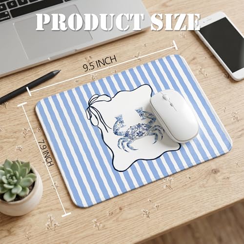 Blue Chinoiserie Crab Beach Mouse Pad, Trendy Blue Striped Coastal Ocean Mouse Pad for Beach House Home Office Computer Laptop Desk Accessories, 9.5x7.9 Inch - color: Blue Crab