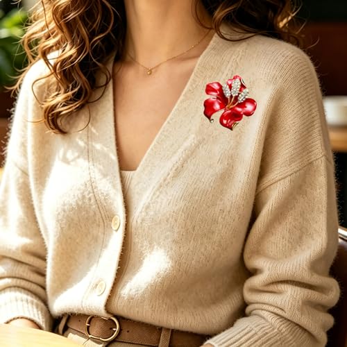 Elegant Enamel Orchid Brooch Crystal Rhinestone Floral Lapel Pin Gold Silver Tone Statement Accessory for Wedding Party Banquet Dress Scarf Suit - color: Red