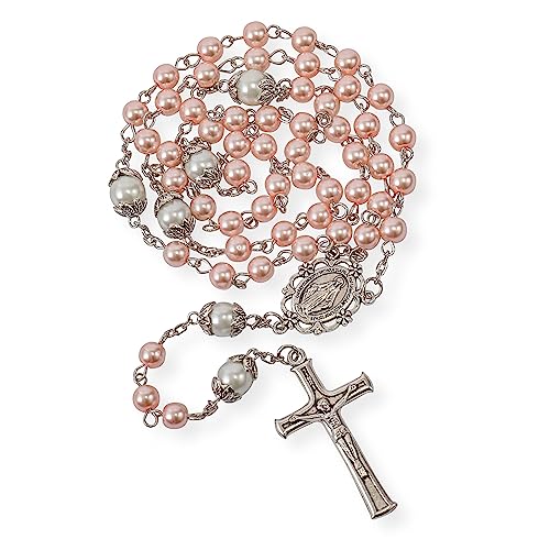 Nazareth Store Pearl Beads Rosary White Our Father Beaded Necklace Lourdes Medal & Cross Crucifix Spiritual Devotion - color: Pink
