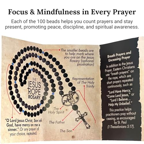Jesus Rope Rosary - Orthodox Komboskini Chotki with 100 Agate Beads - 16.5 inch Christian Prayer Beads - Alloy Metal Religious Meditation Aid - Spiritual Gift - Orthodox Prayer Tool