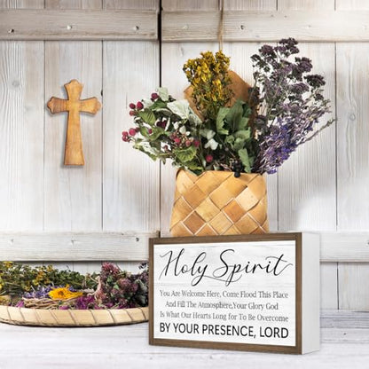 Ruvoty Holy Spirit You Are Welcome Here Bible Verse Wooden Box Sign Desk Decor,Rustic Scripture Wood Block Plaque Sign for Christian Farmhouse Home Office Shelf Tabletop Wall Decor