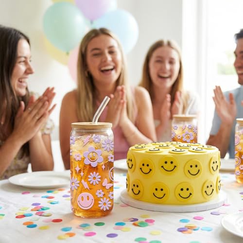 JEKUGOT Cute Smile Glass Cup, Aesthetic Iced Coffee Cup, 16oz Flower Glass Cups with Lids and Straws, Smiley Face Tumbler Gifts for Women and Girls, Birthdays Party Supplies, Incentives