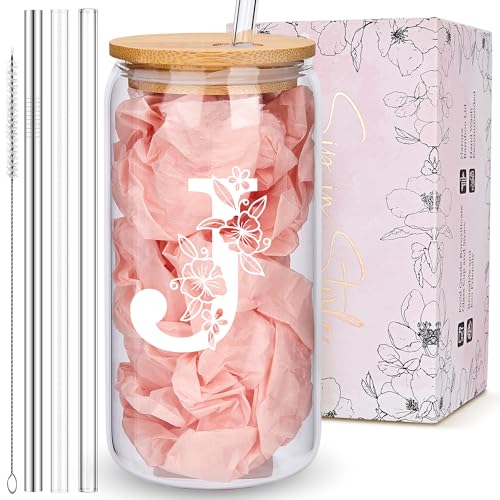 Personalized Tumbler, Monogrammed Can Glass Cups with Bamboo Lids and Straws, Customized Gifts for Women, Cute Design Initial Iced Coffee glasses, Custom Letter Mug, Birthday Bridesmaid, J - style: Monogram J