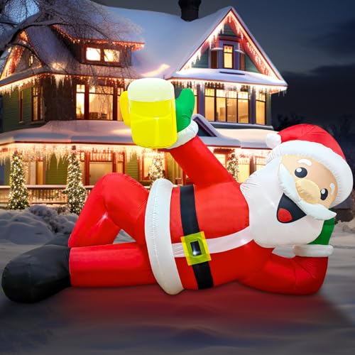 EAONE 12FT Christmas Inflatable Outdoor Decoration, Christmas Blow Ups Yard Decorations Giant Inflatable Santa Claus Lying Flat with Built-in LED Lights for Yard, Garden, Lawn, Home Xmas Holiday Decor - color: 12 FT Inflatable Santa Claus Lying with Beer