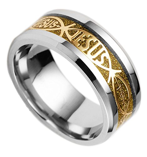 Tanyoyo 8mm Stainless Steel Jesus Rings Wedding Bands Gold Promise Size 6-13