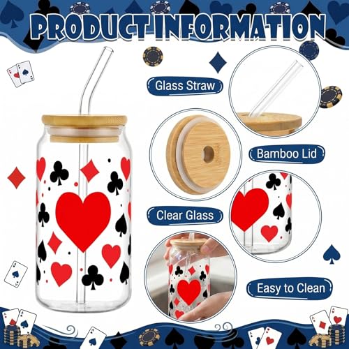 Glass Cups with Lids and Straws, 4Pack, 16oz, Poker Casino - color: Playing Cards Suits
