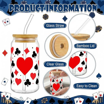 Glass Cups with Lids and Straws, 4Pack, 16oz, Poker Casino - color: Playing Cards Suits