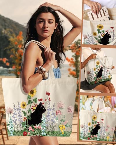 Miss Adola Large Tote Bag for Women - Canvas Tote Bag with Zipper Aesthetic Reusable Shoulder Bag for Gym, Travel, Work - style: Grass Cat