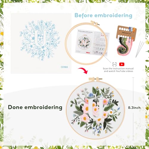 Zerzsy 7.87 '' Embroidery Kits Plant Flower Leaf English Letter Patterns for Beginners Adults, Easy to Learn Cross Stitch Kit for Home Office Decor - color: Letter U